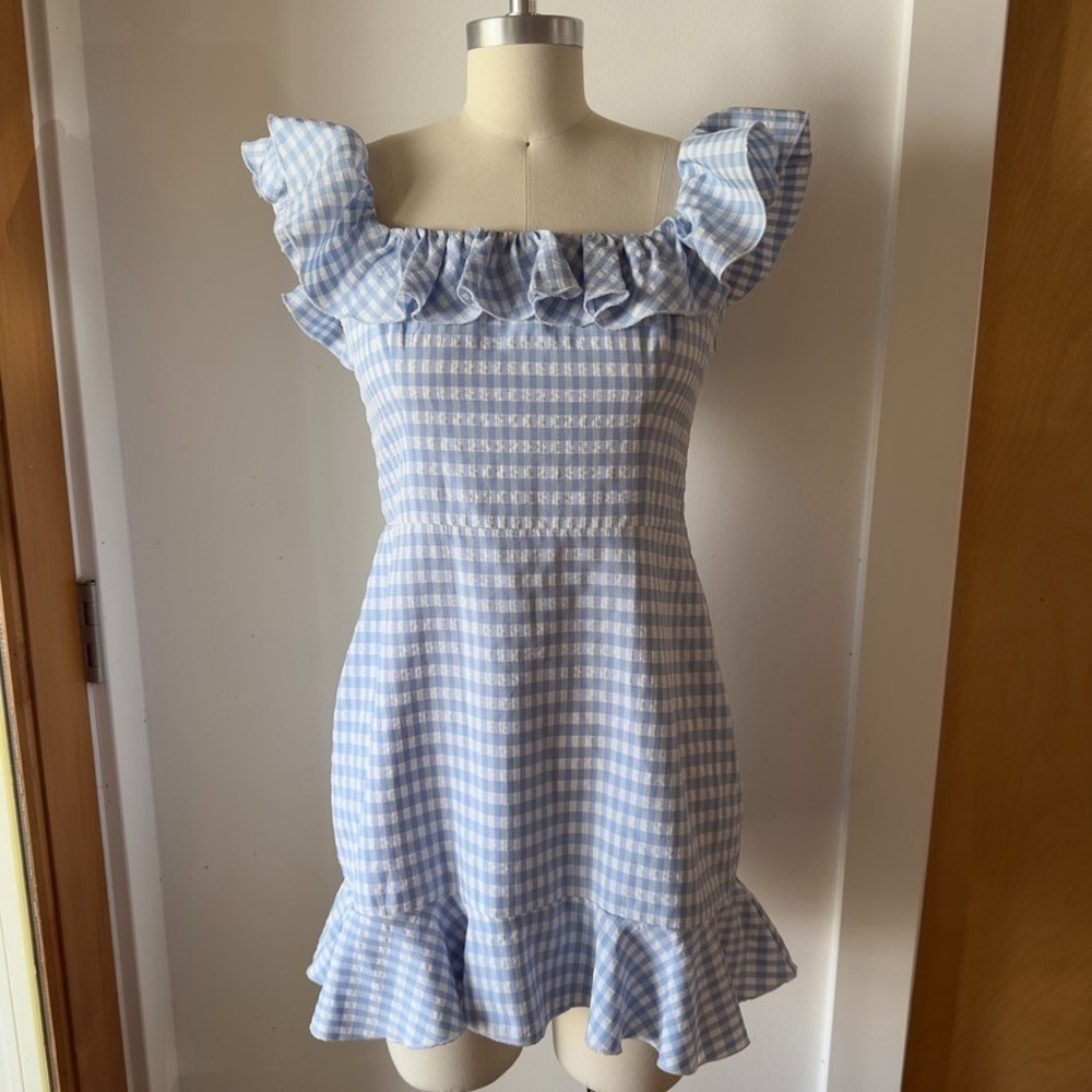 Majorelle Daze Away Blue Gingham Ruffle Mini Dress-Blue & White Sundress-Sz M